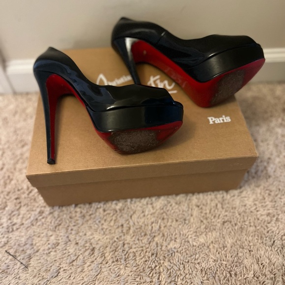 AUTHENTIC CHRISTIAN LOUBOUTIN Lady Peep 150 black patent calf leather pumps - Picture 8 of 9